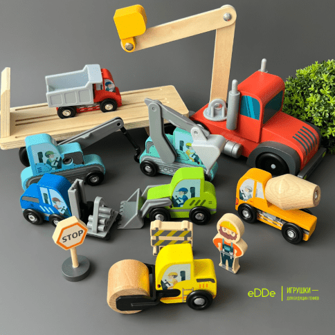 Деревянный сюжетно-ролевой набор 14 предметов «Автовоз со строительной техникой» фото 1